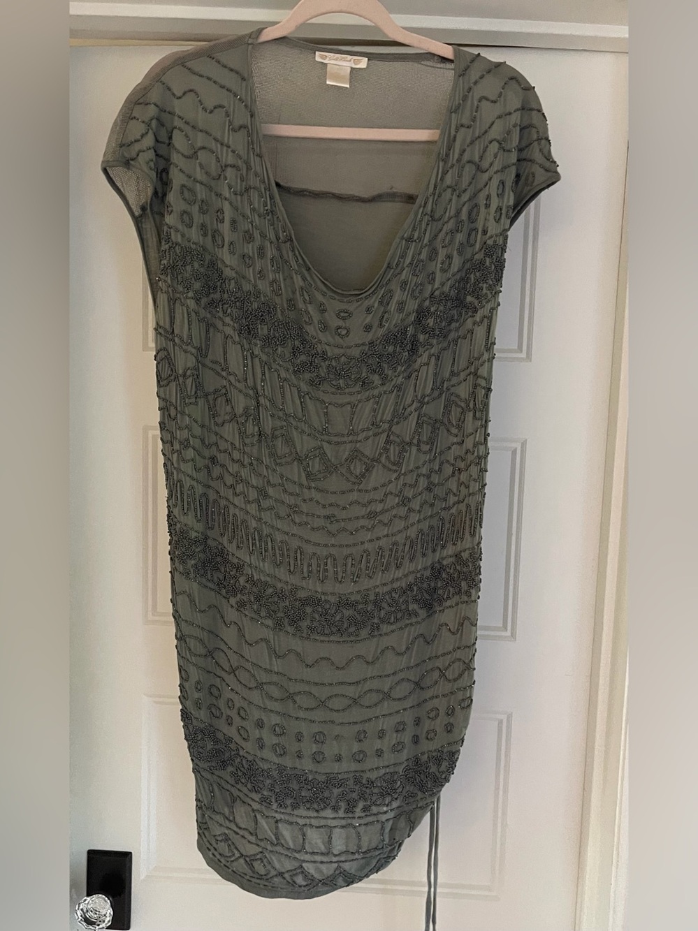 Gold Hawk Embellished Beaded Scoop Neck Dress - Olive Green